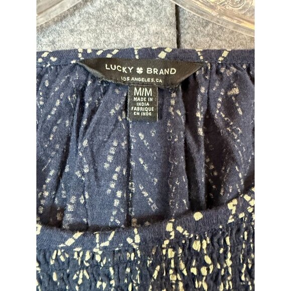 Lucky Brand Blouse Top Women Medium Black Beige Geometric Smocked Front Pullover - Picture 3 of 8